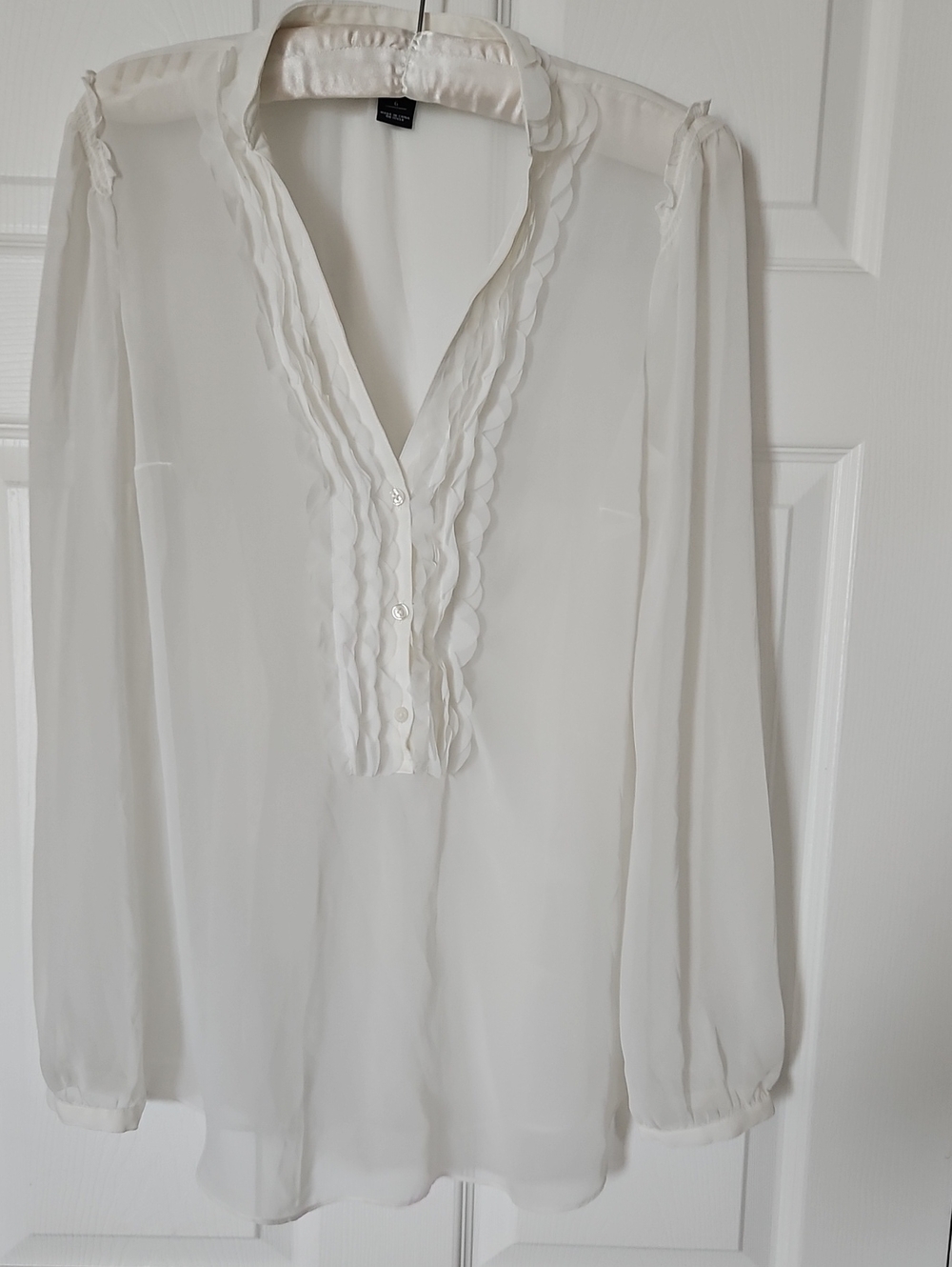 White House Black Market Sheer White Ruffled V-Neck Long Sleeve Blouse